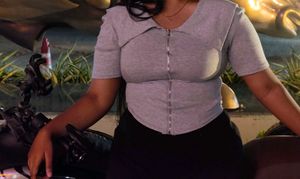 Grey Ribbed Zipper Neck Top