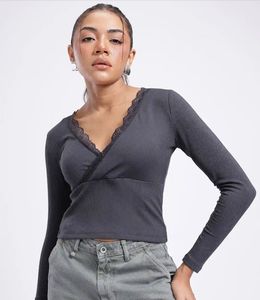 Ribbed Lace Trim Wrap Top