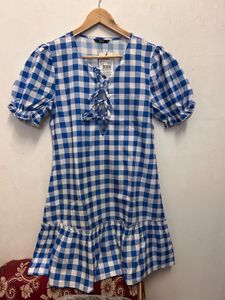 Blue Gingham Lace-Up Mini Dress