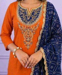 Women Orange Kurta with Blue Dupatta
