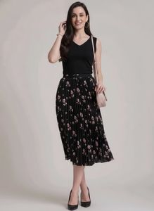 Black Floral Pleated Midi Skirt