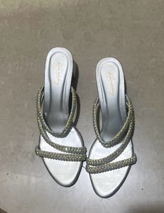Statement Branded Silver Slip On Heels
