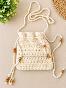 Cream Crochet Crossbody Bag with Beads
