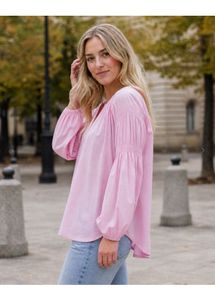 Chic Pink Long Sleeve V-Neck Blouse