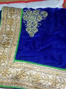 Royal Blue Embroidered Velvet Saree