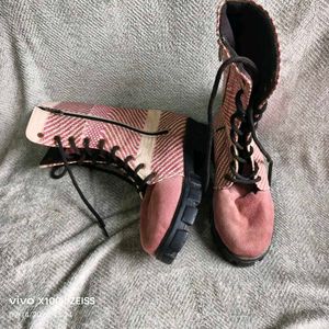 N. Unique Pink Lace-Up Combat Boots