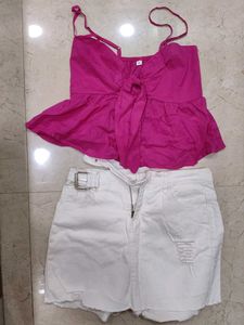 Cute Pink Top & White Denim Skirt