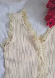Cream Lace Trim Ribbed Tank Top