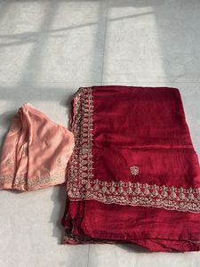 Maroon Silk Saree with peach blouse