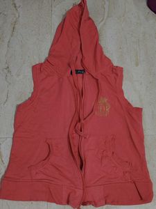 Coral Hooded Sleeveless Zip-Up Vest