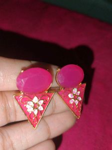 Vibrant Pink Enamel Triangle Earrings