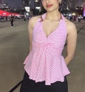 Chic Pink Gingham Halter Top