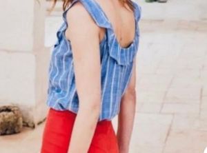 Blue Striped Ruffle Button-Up Top