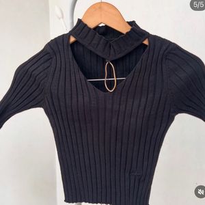 Black Ribbed Cut-Out Mock Neck Top