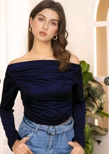 ​Elegant Navy Blue Off-The-Shoulder Ruched Top