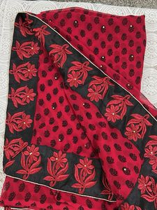 Red &amp; Black Printed Saree with Floral Border