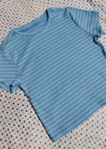 Blue Striped Ribbed Crop Top