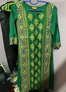 Green Ethnic Kurta with Yellow Print