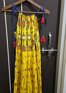 Yellow Printed Tiered Maxi Dress with Tassels