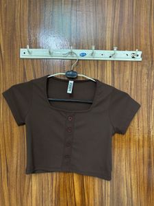 Brown Cropped Button-Up Top