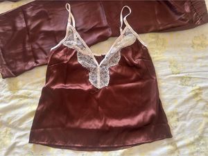 Maroon Satin Lace Pajama Set