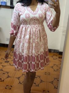 New Pink &amp; White Print Casual Dress