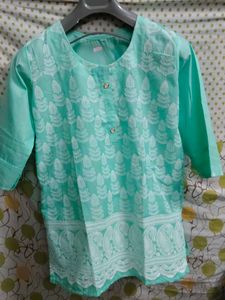 Aqua Blue short Kurta with White Embroidery