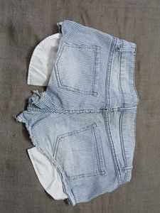 Striped Denim Shorts with Ruffled Hem