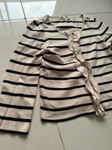 Striped Knit Cardigan with Ruffle Detail