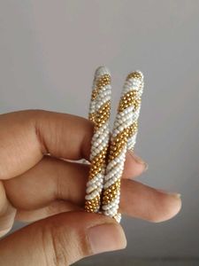 Handcrafted Spiral Beaded Bangles Set of 2 - White