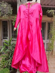 Elegant Pink Ethnic Gown With Floral Skirt/lehenga