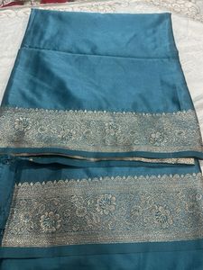 Teal Silk Saree with Gold Border