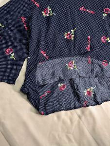 Navy Blue Floral Print Bell Sleeve Top