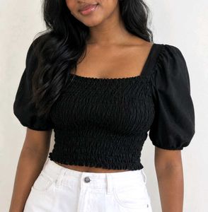Black Smocked Puff Sleeve Top