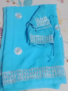 Elegant Sky Blue Embroidered Saree