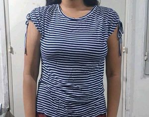 Navy & White Striped Tie-Sleeve Top