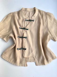 Boho Chic Beige Mandarin Collar Blouse