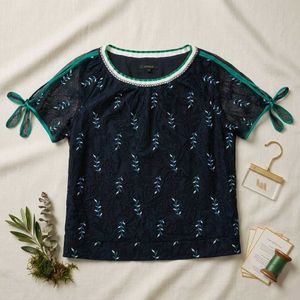 Elegant Navy Lace Leaf Print Top