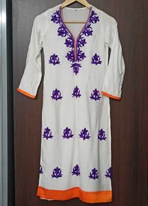 Elegant White Kurta with Purple Embroidery