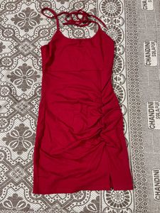 Red Ruched Mini Dress with White Cropped Top