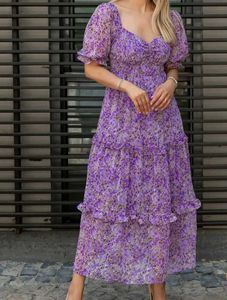 Purple Floral Tiered Midi Dress