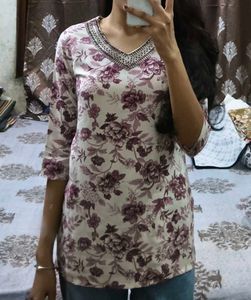 Floral Print Kurta with Embellished Neckline