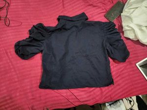 Navy Blue Cute Teddy Bear Collared Top