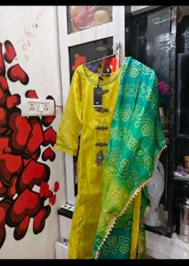 Vibrant Yellow Kurta Set with Green Dupatta