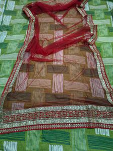 Elegant Embroidered Cream &amp; Red Lehenga Choli