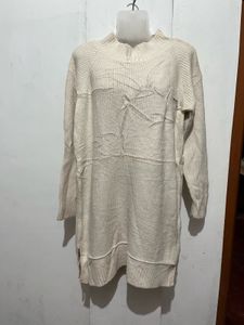 Cream Ribbed Knit Sweater Tunic