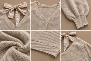 CREAM RIBBED V-NECK SWEATER WITH BACK BOW