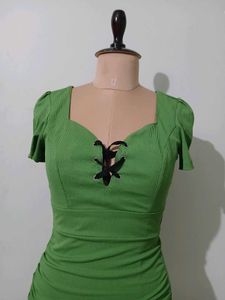 Green Ruched Lace-Up Dress