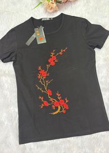 Black T-Shirt with Red Floral Embroidery