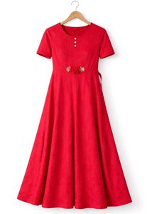 Girls Red Embroidered Casual Dress